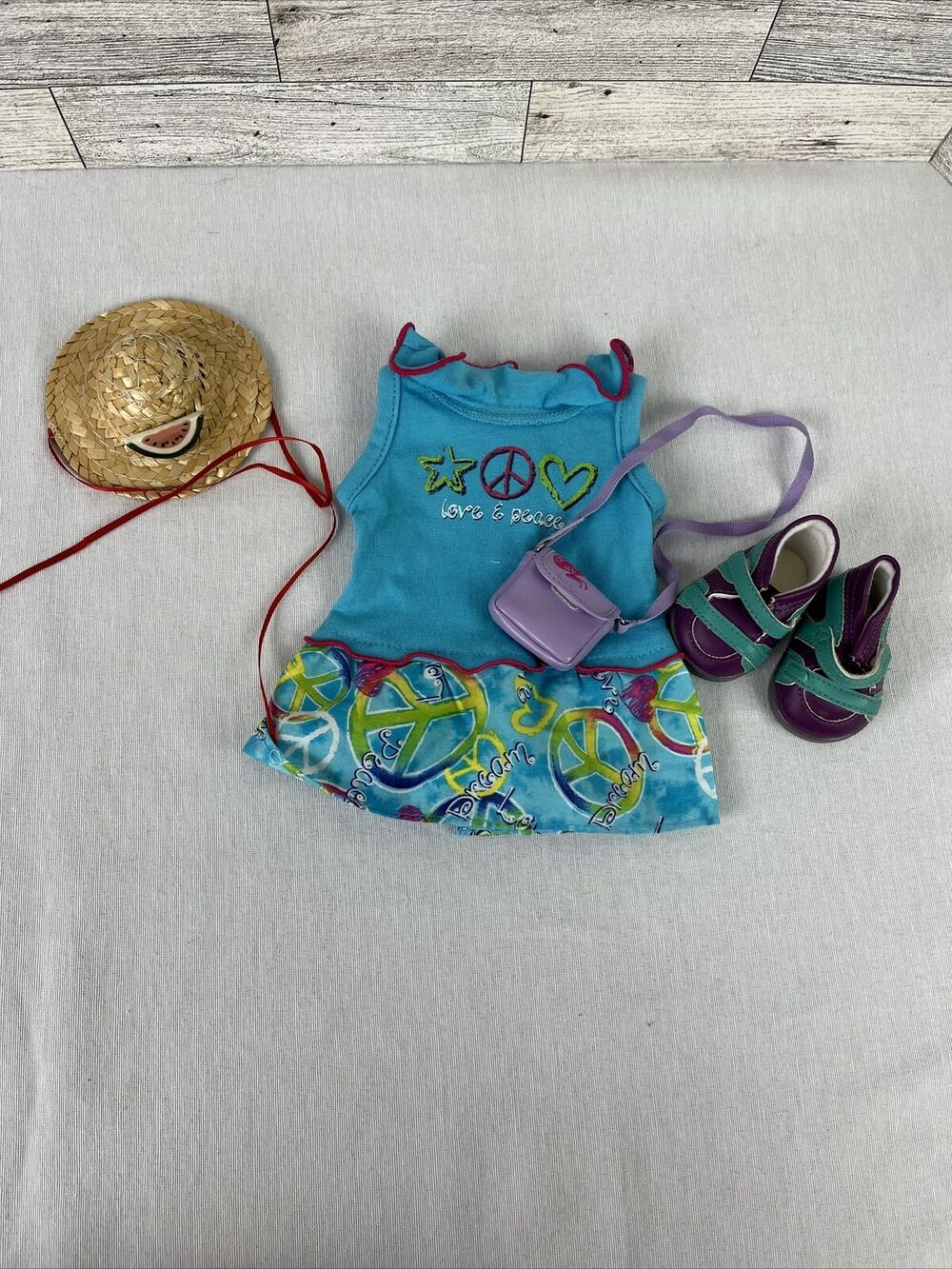 Cute Summer Outfit For American Girl 18” Doll 5 Piece Sundress Hat Purse Sandals